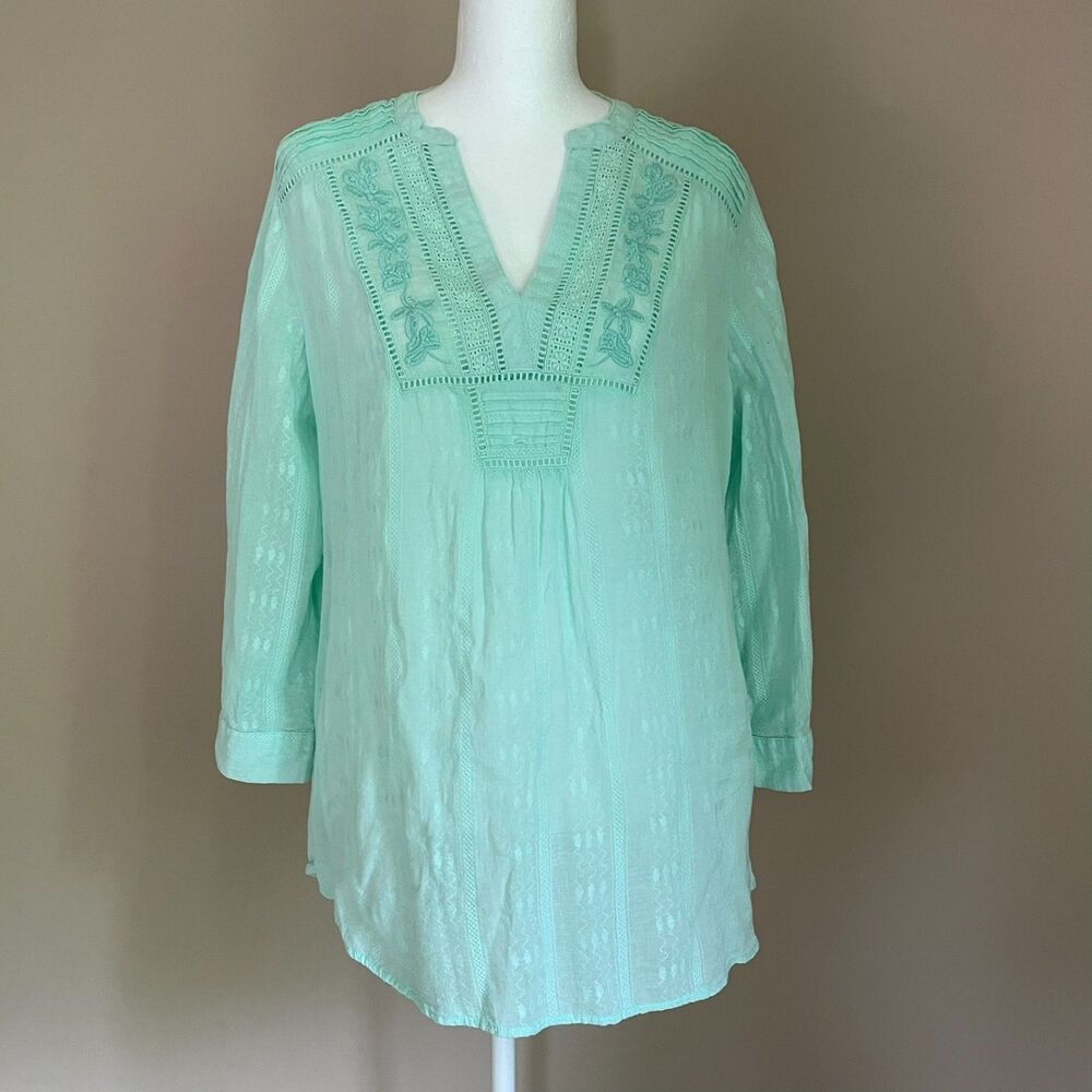 Bila Large Mint Green Cotton Top Bohemian Roll-Tab Long Sleeves Embroidered